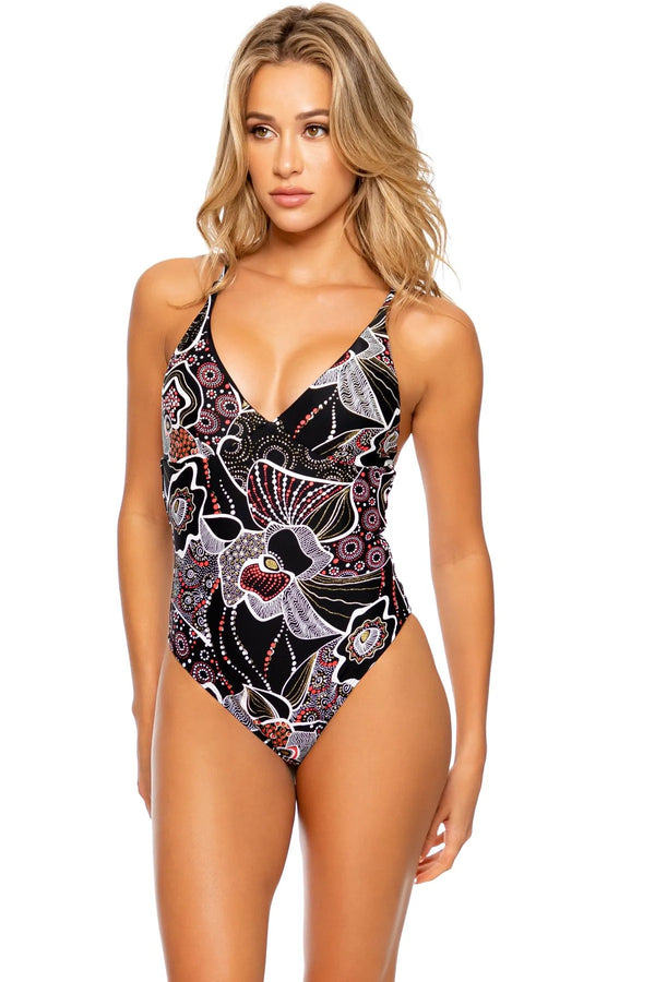Luli Fama Night Glam Laced Up Back High Leg One Piece
